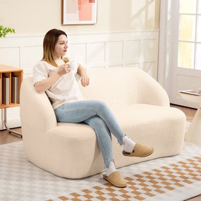 Sofá de 2 lugares em tecido bouclé, 142 (L) x 85 (P) x 73,5 (A) cm, com encosto e assento curvos, não requer montagem, bege