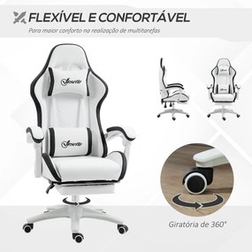 Cadeira Gaming de Couro PU com Altura Ajustável Reclinável 135° e Apoio para os Pés Retrátil 65x65x121-129 cm Branco e Preto