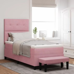 Cama Box Spring com Colchão e Banco Rosa 90x190 cm Veludo