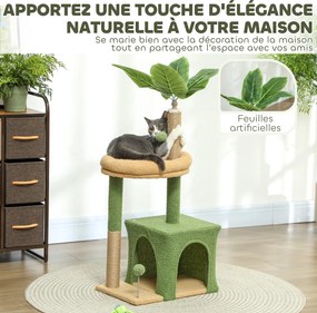 Arranhador para gatos 44 x 30 x 98 cm torre de brincadeiras com compartimentos abertos, cama, arranhadores, bolas e folhas artificiais  verde