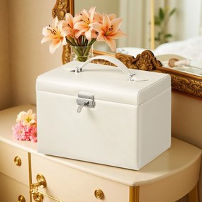 Caixa para joias de 4 níveis 17,5 x 22,5 x 16,5 cm com pega e espelho branco-creme