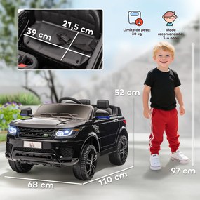 Carro Elétrico SUV Infantil 12V com 2 Motores Controlo Remoto Faróis Buzina Bluetooth Música USB e Abertura de Porta 3-5km/h 110x68x52cm Preto