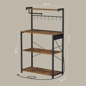 Armário de cozinha com 4 prateleiras, 40 x 80 x 140 cm com base de carregamento, 8 ganchos castanho-preto