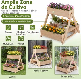 Floreira vertical em madeira de abeto 66 x 58 x 60 cm com 3 vasos e estante de arrumação aberta, com orifícios de drenagem, para jardim ou pátio, natu