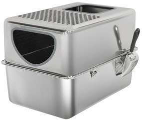 PawHut Caixa de Areia para Gatos em Aço Inoxidável XL  com Pá Aberturas Duplas Fácil de Limpar 60x39,6x40,1 cm Prateado | Aosom Portugal