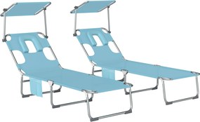 Outsunny Conjunto de 2 Espreguiçadeiras Dobráveis com Dossel 360° Encosto 5 Posições Orifício Facial 188x56x27 cm Azul Claro | Aosom Portugal