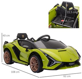 Carro Elétrico Lamborghini SIAN 12V para Crianças de 3-8 anos com Controle Remoto Abertura da Porta Música MP3 USB e Faróis 108x62x40cm Verde