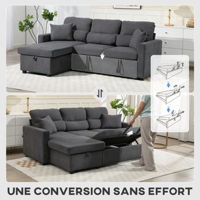 Sofá de canto convertível 205 x 135 x 76 cm em veludo canelado, sofá-cama de 3 lugares com arrumação oculta, almofadas, cinzento