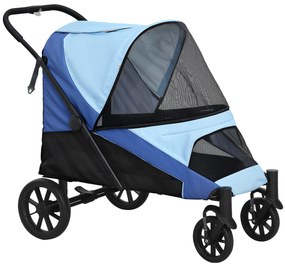 PawHut Carrinho para Cães Dobrável com Rodas Grandes Correias de Segurança Estrutura Amortecedora Almofada Lavável 124x67x100 cm Azul | Aosom Portugal