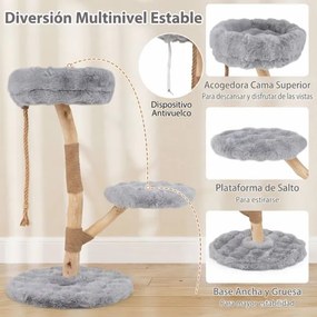 Arranhador para gatos 50 x 90 cm com plataforma central de atividades em madeira maciça, com postes para arranhar em juta natural, natural e Cinzento