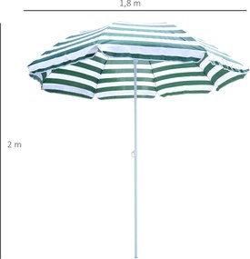 Chapéu de Sol de Praia Ø180cm com Teto Inclinável e Mastro de Metal Proteção Solar para Jardim Terraço Exterior Listras Verdes e Branco