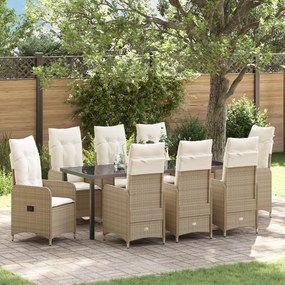vidaXL Conjunto de Jantar de Jardim 9 Peças com Almofadas em Bege Vime Sintético