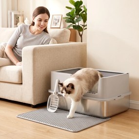 Caixa de Areia XL para Gatos em Aço Inoxidável com Rebordo Alto Pá Escova e Gancho Cinza Claro