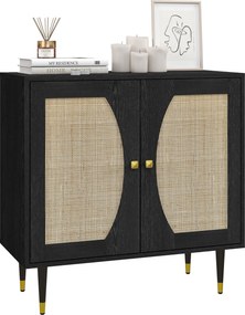 Aparador de cozinha com design boémio, duas portas e dois níveis, frente em rattan, 80 x 38 x 79 cm, preto