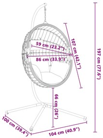 Cadeira forma de ovo suspensa c/ suporte vime/aço cinza-claro