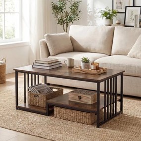 Mesa de centro retangular 110 x 60 x 45 cm com 2 prateleiras de arrumação, Estrutura metálica resistente, mesa moderna para sala de estar em castanho