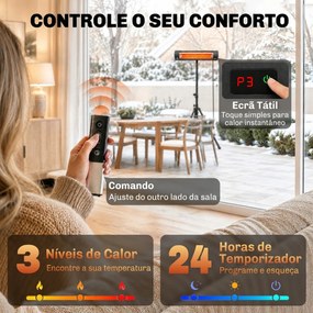 Aquecedor de Infravermelhos para Terraço de Pé 2500 W Tripé Regulável IP65 Controlo Tátil/Remoto 3 Níveis de Calor Temporizador