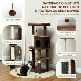 Arranhador para Gatos Grande Altura 132 cm com Plataformas Postes com Escova Bolas Suspensas e Almofadas para Arranhar Castanho