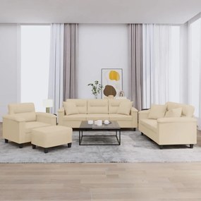 vidaXL 4 pcs conjunto sofás c/ almofadas tecido microfibra cor creme