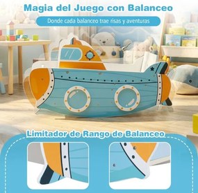 Barco baloiço de madeira de Madeira para crianças com mais de 1 ano 70 x 33,5 x 37 cm, com tema submarino, hélice giratória, Azul+Amarelo