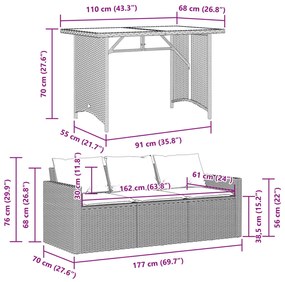 2 pcs conjunto de jantar p/ jardim com almofadões vime PE bege