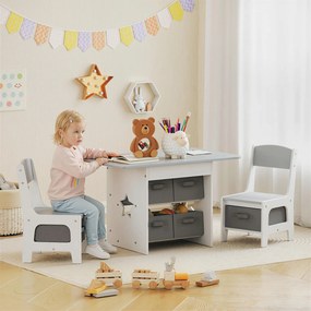 Mesa Infantil com 2 Cadeiras Mesa e Cadeiras para Crianças com 6 Gavetas de Tecido Desenho Estrelas Cinza Claro