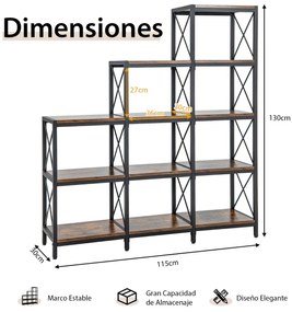 Estante escalonada em aço carbono com 9 cubos Estante aberta com 12 prateleiras 115 x 30 x 130 cm Castanho