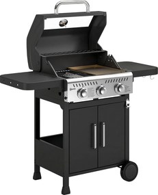 Outsunny Barbecue a Gás Portátil com 3 Queimadores 7,5 kW Termómetro Mesas Laterais Dobráveis Grelha Aquecedora 125x57x110 cm Preto | Aosom Portugal