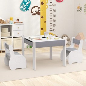 Conjunto de mesa e 2 cadeiras para crianças Mesa de atividades em madeira 4 em 1 para arte, desenho, leitura e quadro removível Cinzento e branco