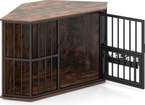 Gaiola de canto para cães 114 x 60 x 68 cm com comedouro ajustável, 2 tigelas de aço inoxidável, porta com fechadura e pés ajustáveis, castanho
