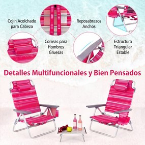 Conjunto de 3 peças: mesa e cadeiras de praia com cadeiras reclináveis, mesa dobrável em alumínio e mochila com 5 posições, com riscas cor-de-rosa