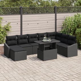 Conjunto de Sofá de Jardim de 9 Peças com Almofadas Preto em Rattan Si