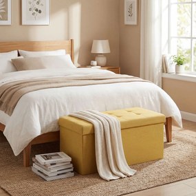 Puff de Arrumação Banco de Arrumação Dobrável 84 L 76x38x38 cm Estofado em Linho Sintético Amarelo