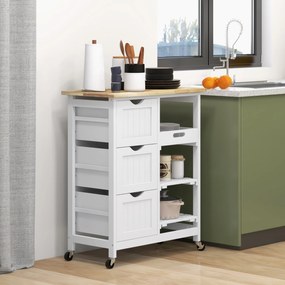 Carrinho de Cozinha com Rodas Carrinho de Serviço com 3 Gavetas 2 Prateleiras Abertas e Bandeja 67x37x85,5 cm Branco