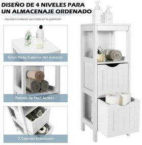 Armário de banho com 1 prateleira e 2 gavetas removíveis estreito lateral 30 x 30 x 89 cm Branco