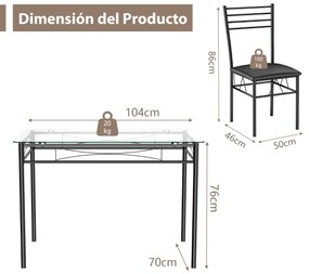 Conjunto de mesa de jantar de 5 peças com banco de vidro temperado e 4 mesas estufadas conjuntos de móveis para cozinha e sala de estar Preto
