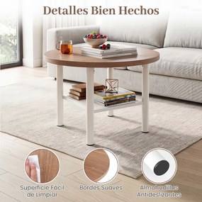 Mesa de Centro Redonda, 60 x 60 x 42 cm, 2 Níveis de Arrumação, Natural+Branco