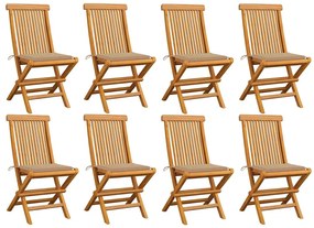 Cadeiras de jardim c/ almofadões beges 8 pcs teca maciça