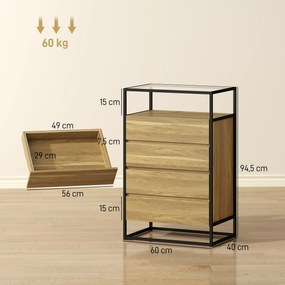 Cómoda 4 Gavetas Cómoda Quarto com Superfície de Vidro Temperado Prateleira Aberta Estrutura de Aço 60x40x94,5 cm Teca