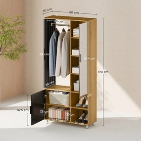 Guarda Roupa de quarto com espelho, compartimentos abertos, armário embutido e barra para pendurar roupa, 80 x 30 x 170 cm, cor madeira natural, preto