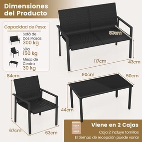 Conjunto de móveis jardim de 4 peças com estrutura metálica galvanizada robusta em vime Preto