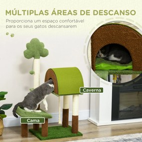 Arranhador para Gatos para Gatos com Caverna Cama Poste de Sisal Relva Artificial e Bola Suspensa 49x40x107 cm Verde