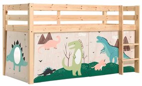 Cama alta de Criança PINO 90 x 200 cm + estrado + escada + cortina Dinossauro Natural