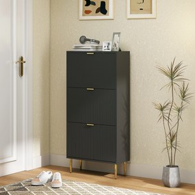 Sapateira com capacidade para 18 pares 60 x 24 x 122,5 cm, com 3 gavetas rebatíveis, portas caneladas e prateleiras ajustáveis, preto