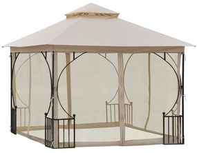 Outsunny Pérgola de jardim 295x295x275cm com 4 cortinas laterais com zíper e telhado duplo com 8 furos de drenagem bege