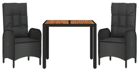 3 pcs conjunto de jantar p/ jardim c/ almofadões vime PE preto