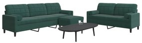 3 pcs conjunto sofás com almofadões e rolos veludo verde-escuro