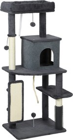 PawHut Árvore para Gatos Multicamadas Alta 132 cm com Casinha, Cama, Postes para Arranhar, Escova e Bolinha, Cinza Escuro | Aosom Portugal