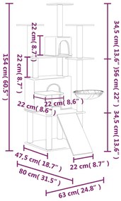 Árvore p/ gatos c/ postes arranhadores sisal 154 cm cinza-claro