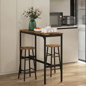 Conjunto de mesa alta de bar + 2 bancos com estrutura em aço e tampo com efeito de madeira de mogno para 2 pessoas, castanho rústico, preto